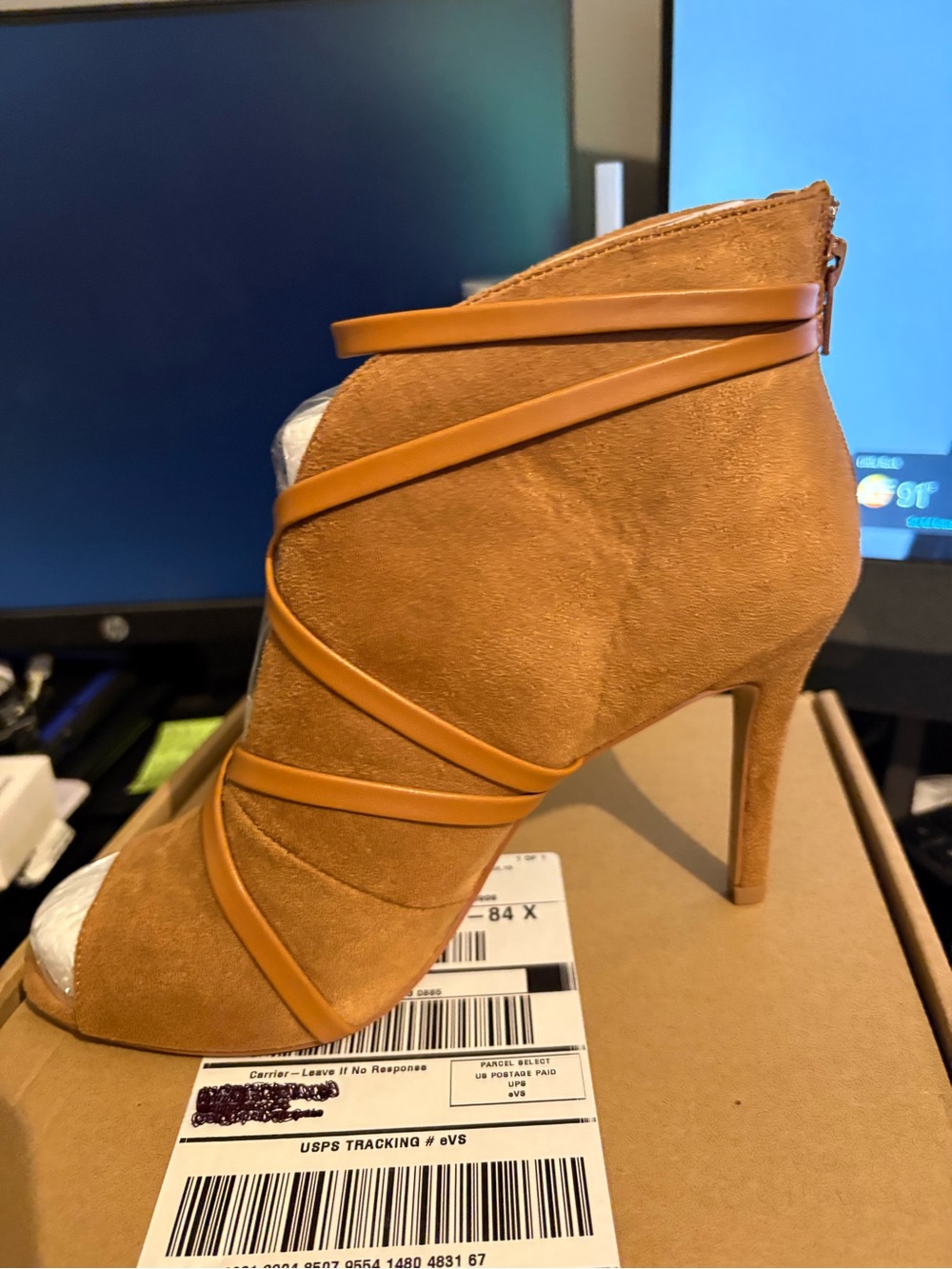 Journee Collection Cognac Suede Strappy Stiletto Ankle Boot